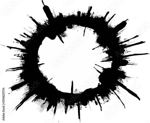 A striking circular splash of black ink features sharp edges and numerous drips, creating a bold contrast against a clean white backdrop. The dynamic textures evoke artistic expression.