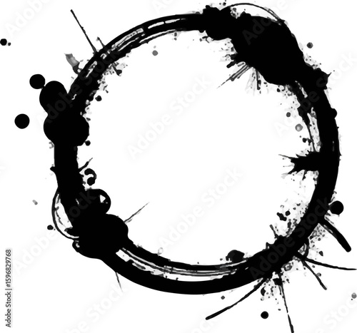 An abstract circular design in black ink appears on a white background. The splash showcases various brush strokes and patterns, emphasizing simplicity and creativity.