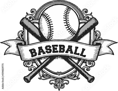 A vintage baseball emblem showcases two crossed bats behind a baseball, all set within an intricate decorative frame. This design highlights the essence of baseball.