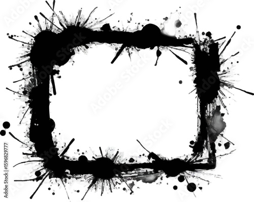 Abstract design featuring a rectangular frame created with black ink splatters. The artwork provides a striking contrast against a white backdrop, perfect for creative presentations.