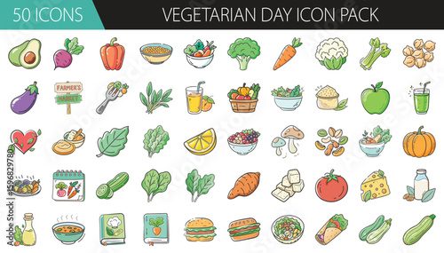 Vegetarian Day icon set with fresh plant foods - Colorful icon pack celebrating Vegetarian Day, featuring vegetables, fruits, plant-based meals, herbs, juices, and healthy eating themes.