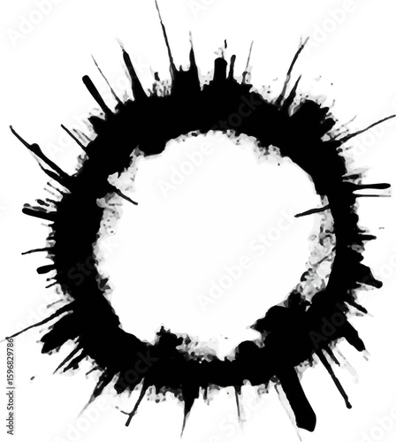 An ink splatter showcases a striking circular design with sharp edges and dynamic textures. This artwork captures the energy and movement typical of an artistic creation process.