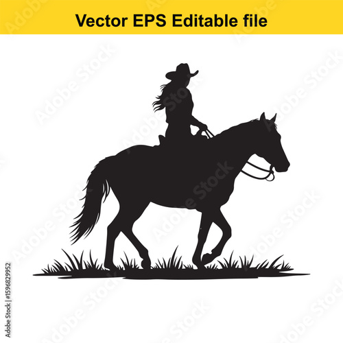 Cowgirl riding a horse in silhouette isolated on white background