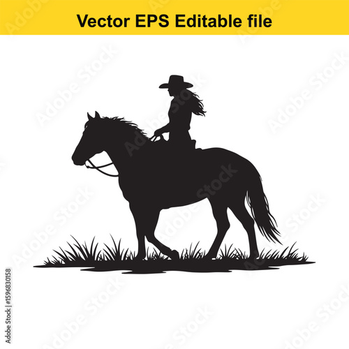 Cowgirl silhouette riding a horse through grass