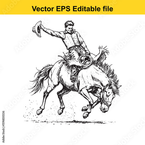 Cowboy riding a bucking bronco in a rodeo