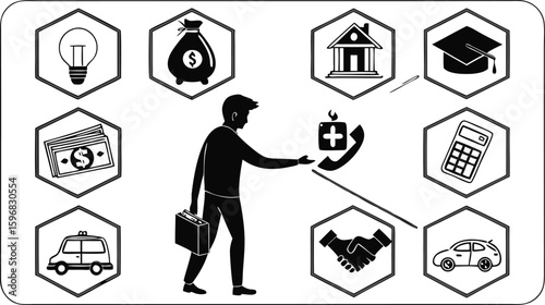 Essential Life Icon Set – Finance, Insurance, Education, and Household Symbols