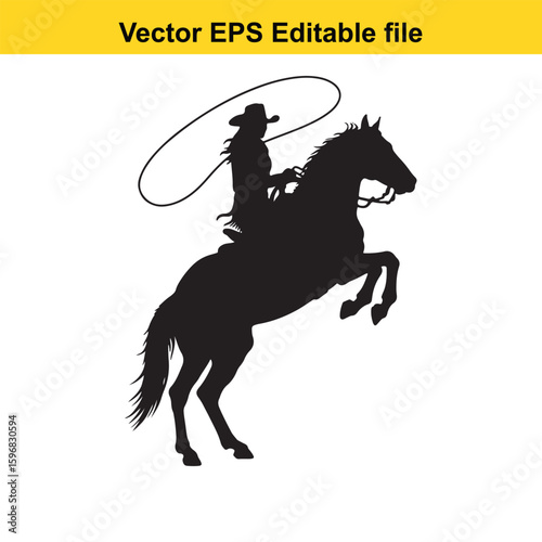 Cowgirl riding a horse with a lasso isolated on white