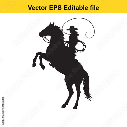 Cowboy silhouette on rearing horse with lasso isolated on white background