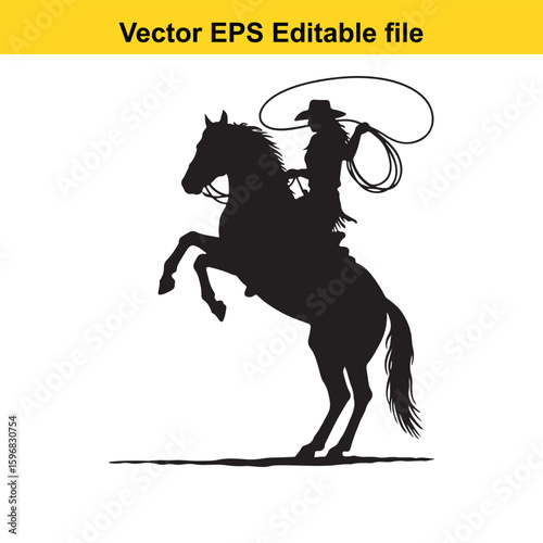 Cowboy silhouette on rearing horse with lasso isolated on white background