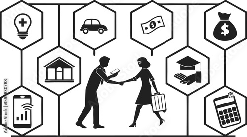 Essential Life Icon Set – Finance, Insurance, Education, and Household Symbols