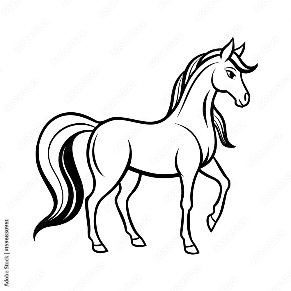Obraz premium Vector art of a cartoon horse with a flowing mane is isolated on white background, standing in profile