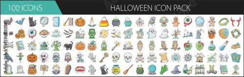 Halloween icon pack with spooky and festive elements - Large hand-drawn Halloween icon set including pumpkins, ghosts, monsters, candy, costumes, bats, and classic spooky decorations. 