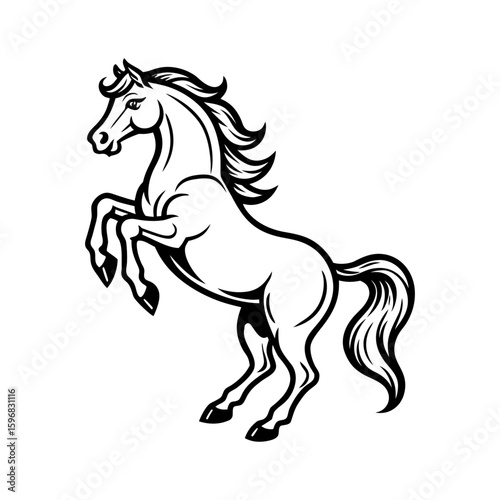 Vector art of a black and white drawing of a horse rearing up on its hind legs isolated on white background