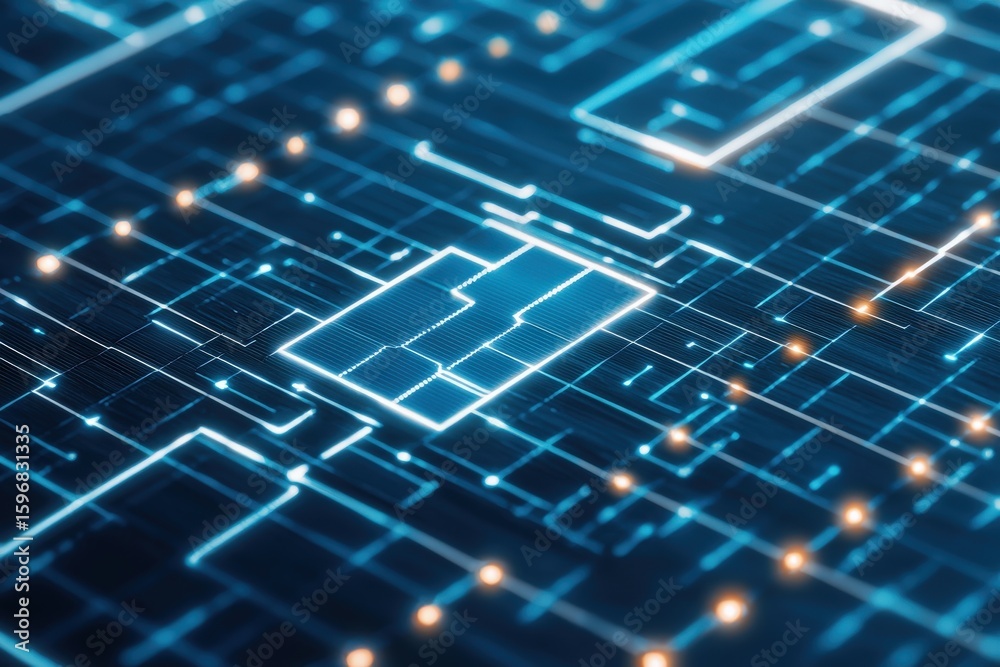 Obraz premium electricity transmission efficiency Concept. Abstract digital circuit board with glowing lines and nodes.