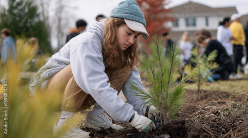 Students planting trees on a community clean-up day, people in society, photo style