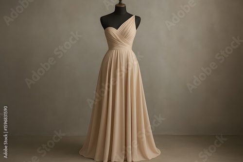 asymmetrical pleated chiffon gown on mannequin