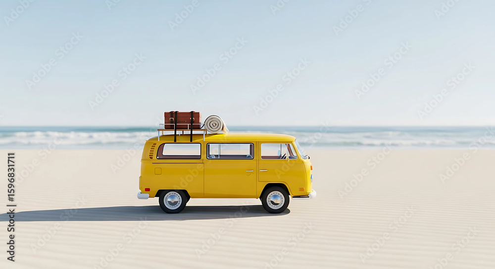 Fototapeta premium A yellow vintage van parked on a sandy beach with luggage on top, evokes a sense of summer travel and adventure by the sea