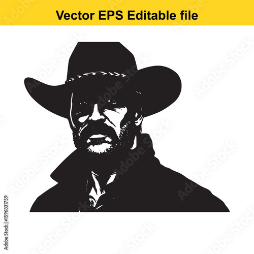 A rugged cowboy with a hat and beard, isolated on white background