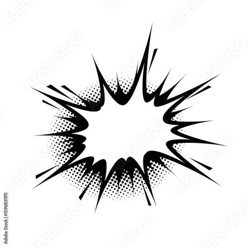 Black comic explosion graphic with radial spikes and dots  