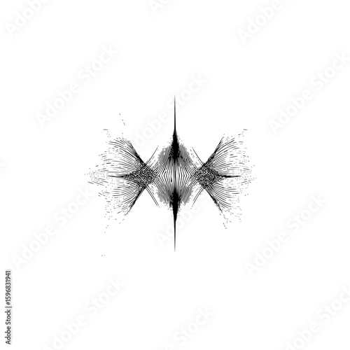 A black and white abstract image of a central dark circle with radiating lines outwards in all directions