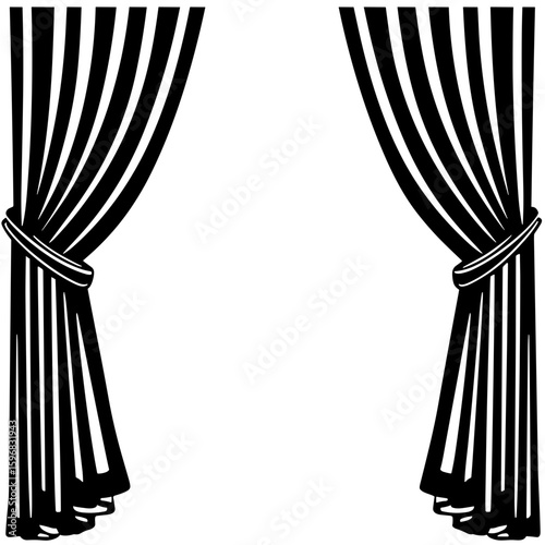Elegant black curtains draped with tied knot on white background  