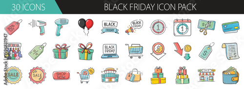 Black Friday sale and shopping icon set - Collection of colorful icons themed around Black Friday, featuring sales, shopping carts, discounts, barcodes, gifts, and promotions.