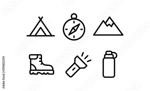Minimalist camping icons set featuring tent, compass, and hiking gear