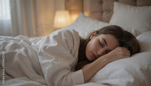 Woman sleeps peacefully in a cozy bed surrounded by soft bedding and gentle lighting. Soft glow of a lamp casts a tranquil atmosphere. Beige wall and window let in subtle light.