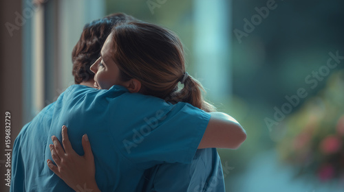 A nurse hugging a patient who just recovered, people in society, photo style