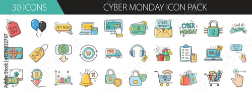 Cyber Monday shopping and sale icon pack - Colorful icon set themed around Cyber Monday shopping, digital deals, ecommerce, discounts, delivery, and online marketing concepts.
