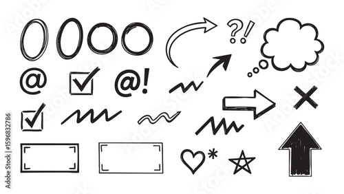 Hand-Drawn Doodle Elements Embrace Simplicity with Arrow, Heart and Star Icons for Creative Projects