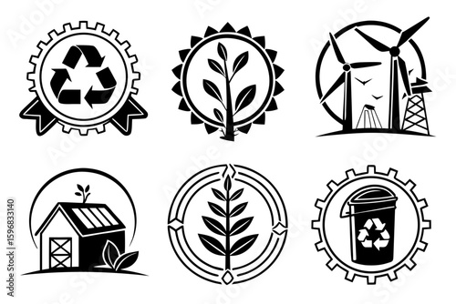 Vector art of a collection of ecofriendly and renewable energy icons on white