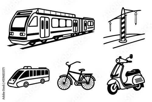 Vector art of various modes of transportation isolated on white background