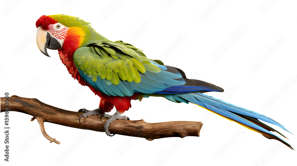 Obraz premium Colorful Macaw Perched: A vibrant macaw, boasting a stunning display of red, green, yellow, and blue feathers, sits gracefully on a branch, capturing the eye with its striking beauty.