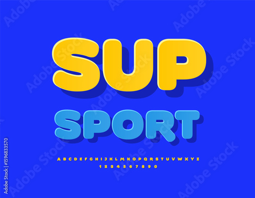 Vector Activity logo Sup Sport. Sunny Yellow Font. Modern Round Alphabet Letters and Numbers set.