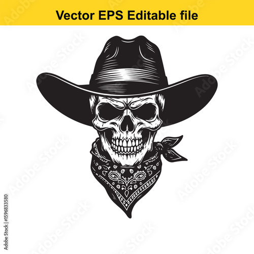 A skull wearing a cowboy hat and bandana, looking menacing