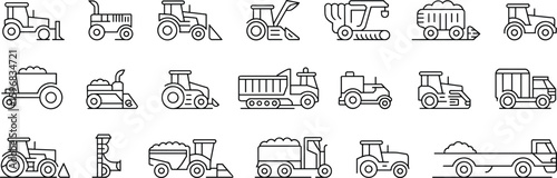 Heavy-duty farm and construction equipment icons – Line art set of tractors, harvesters, loaders, dumpers, rollers, and transport vehicles