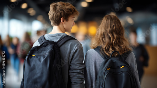 Students Walking with Backpacks in a Bright School Hallway