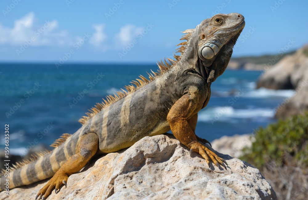 Fototapeta premium Lizard with greenish hue and brown spots perched on coastal rock. Rock provides clear view of lizard body, tail, and blue sky background with tranquil ocean