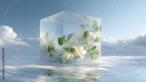 Floral Cube on Water Displays Purity. Illustrative art shows beauty encased for marketing, web design, or advertising.
