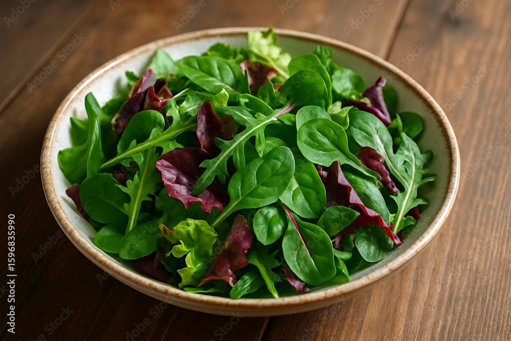 Fresh salad greens in a rustic bowl on wooden table Fresh salad greens in a rustic bowl on wooden table