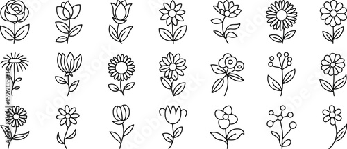 Outline flower icon set – simple floral vector collection with tulip, rose, daisy, wildflowers, spring bloom botanical line art
