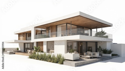 Modern two-story house with white exterior, brown roof. Balcony on second floor, large window on top floor. Staircase leads to basement, small window on first floor. Concrete foundation, rich garden