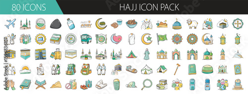 Hajj icon pack with 80 pilgrimage and Islamic illustrations - Vector set of 80 Hajj icons featuring Kaaba, mosques, pilgrims, prayer items, rituals, Islamic symbols, and sacred journey elements.