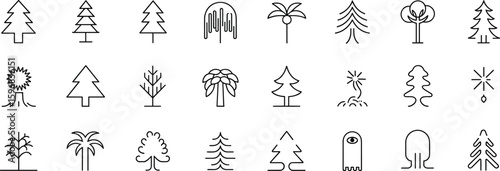 Tree icons – minimal line tree vector set with pines, palms, deciduous trees, stylized foliage, nature symbols, and abstract trunks