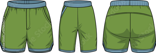 Athletic shorts front, side, and back view sketch, green and blue color design, breathable fabric, casual activewear fashion template