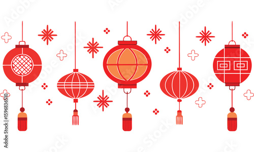 A festive collection of traditional chinese red paper lanterns with intricate designs and tassels illuminated and hanging isolated on transparent background
