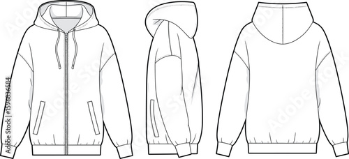 Classic hoodie technical sketch, front, side, and back views, detailed fashion drawing template, casual outerwear design for apparel production