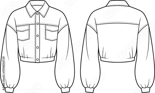 Cropped jacket front and back technical sketch, fashion illustration template, stylish casual outerwear design, structured silhouette, detailed fashion artwork