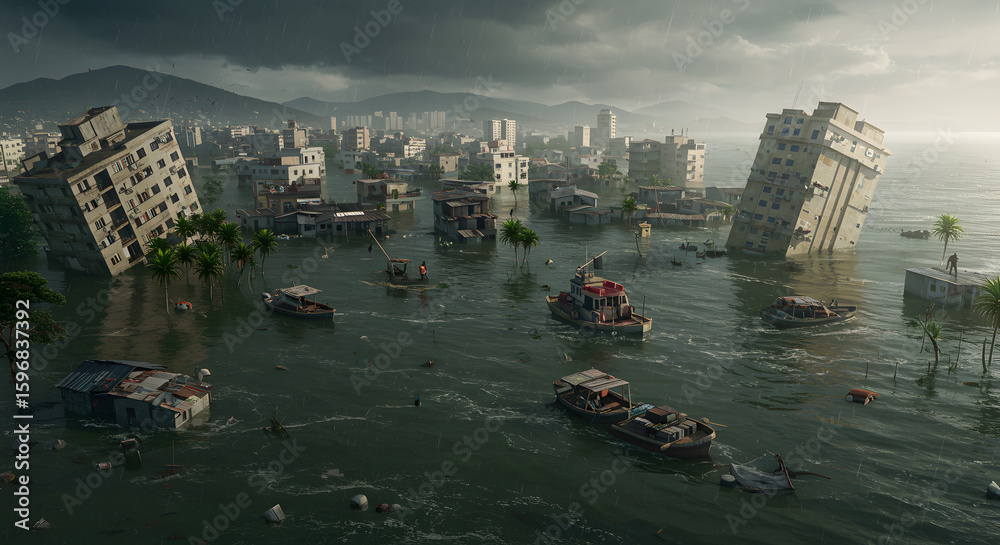 Naklejka premium Flooded Cityscape with Submerged Buildings and Rescue Boats Under Overcast Skies